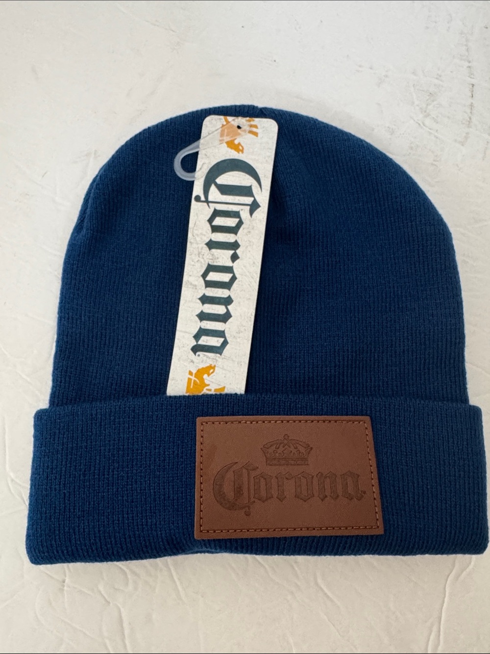 Corona One Size Navy Blue Knit Beanie with Brown Leather Patch Hat